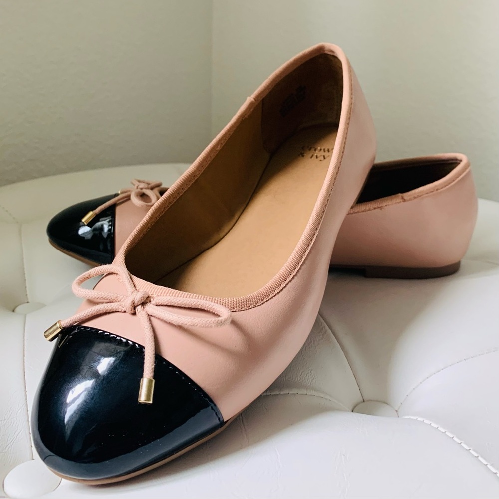 Crown & Ivy Larissa Cap-Toe Ballet Flat in Black and Nude